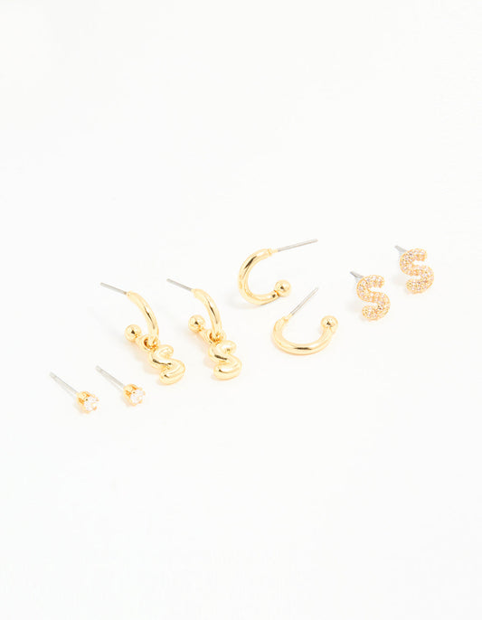 Gold Plated Cubic Zirconia Letter S Stud & Hoop Earrings 4-Pack