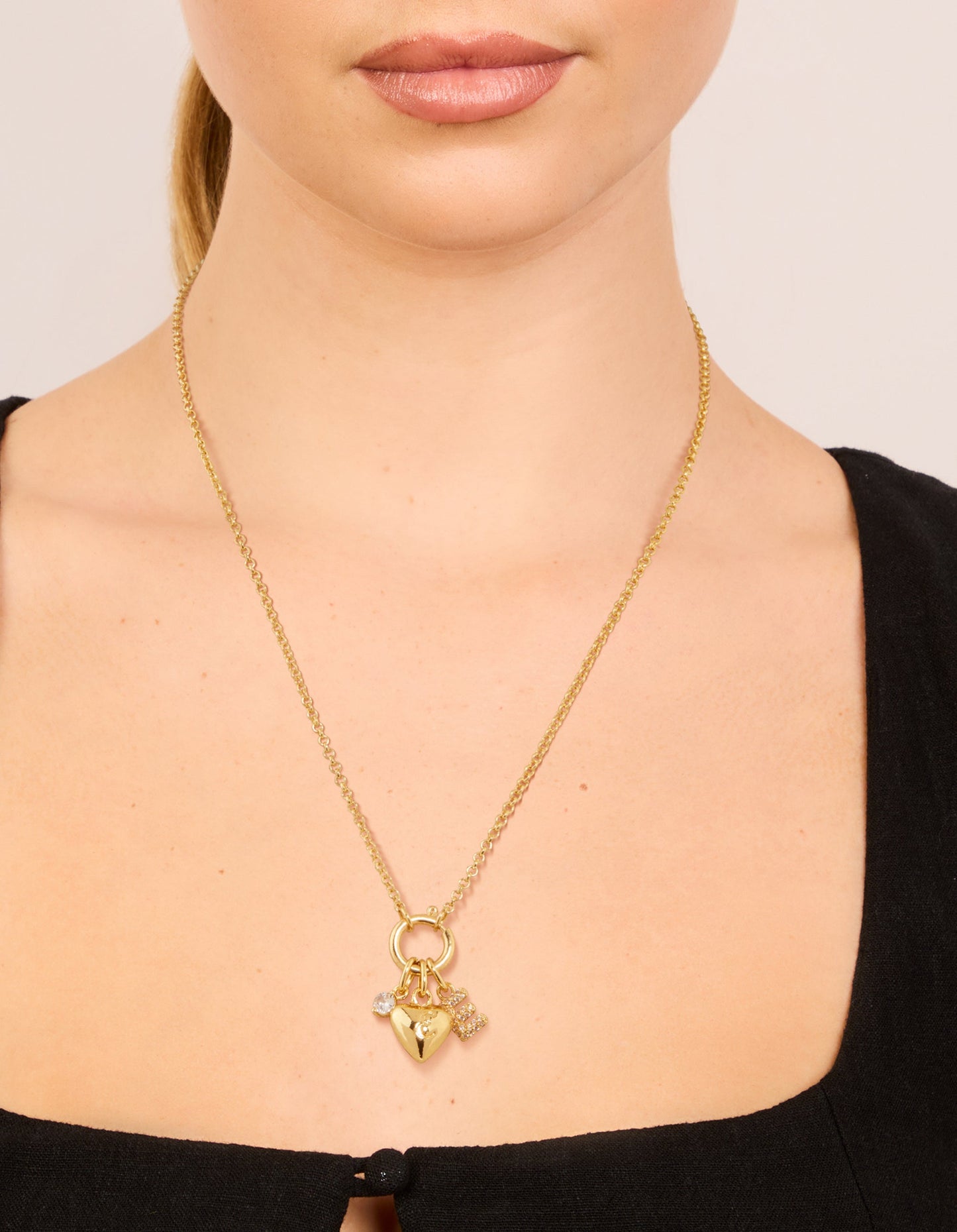 Gold Plated Bubble E & Heart Charm Necklace