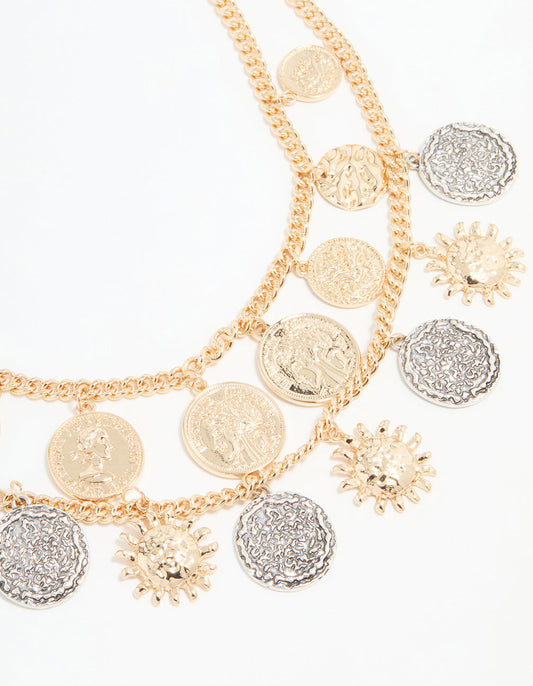 Gold Mixed Metal Coin Layered Necklace
