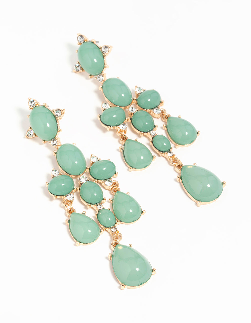 Gold Green Stone Tiered Drop Earrings