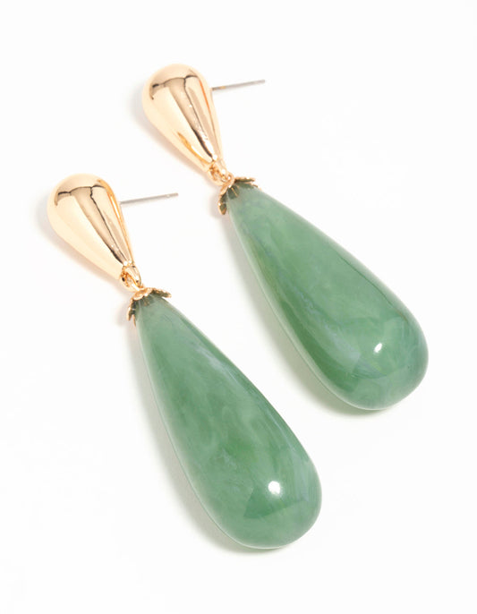 Gold Green Teardrop Drop Earrings
