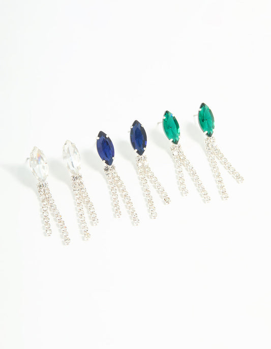 Silver Diamante Marquise Double Cupchain Drop Earrings 3-Pack