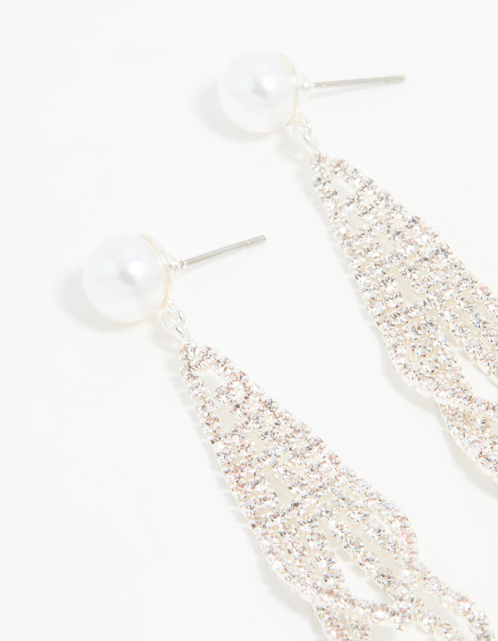 Silver Diamante Pearl Triangular Layered Earrings 2-Pack