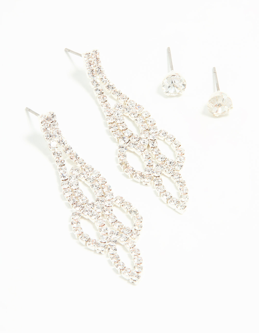 Silver Ornate Diamante Drop & Stud Earrings 2-Pack