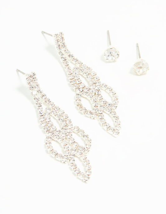 Silver Ornate Diamante Drop & Stud Earrings 2-Pack