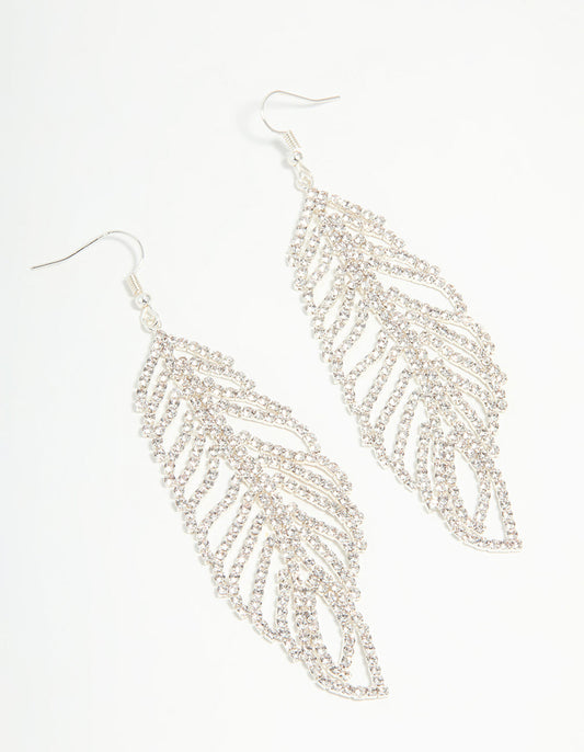 Silver Diamante Leaf Outline Hook Large Drop Earrings