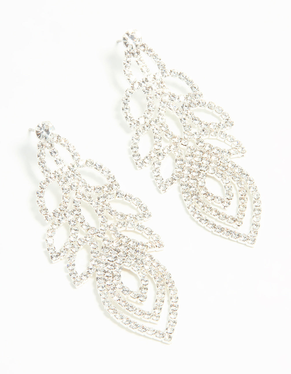 Silver Diamante Large Peacock Feather Drop Earrings