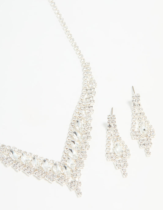 Silver Diamante Marquise Zigzag V Necklace & Earring Set