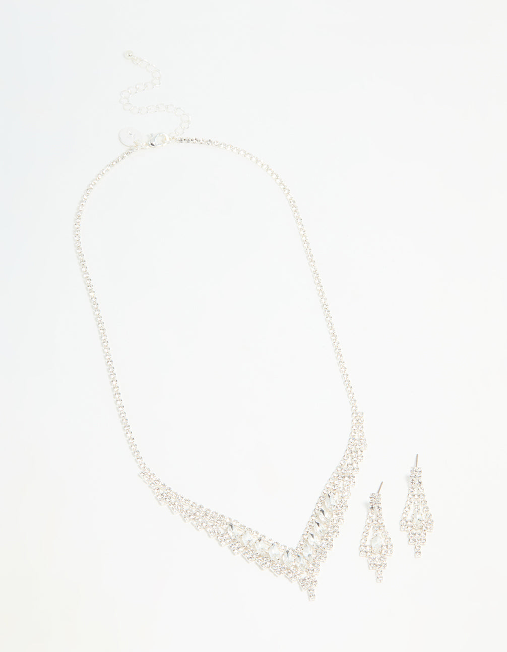 Silver Diamante Marquise Zigzag V Necklace & Earring Set