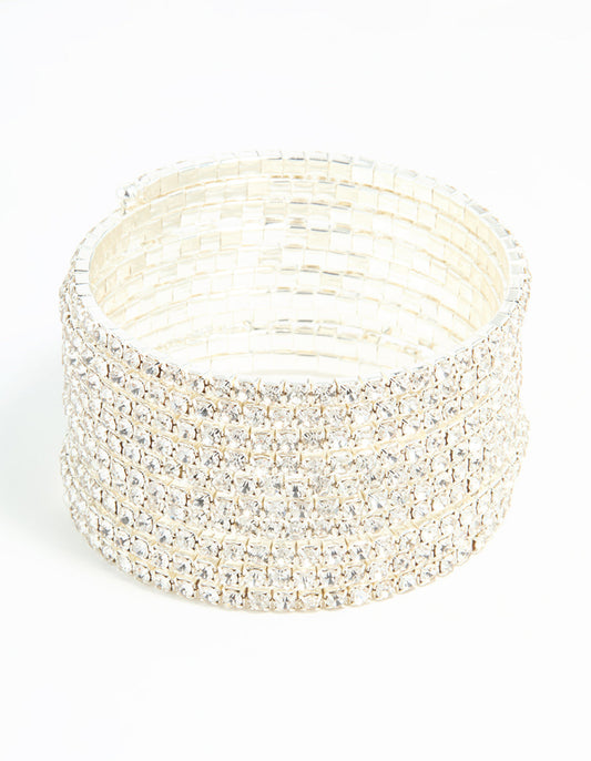 Silver Diamante Wrapped Multirow Wrist Cuff