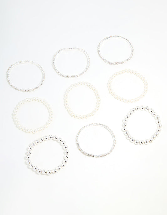 Silver Diamante & Pearl Ball Bracelets 9-Pack