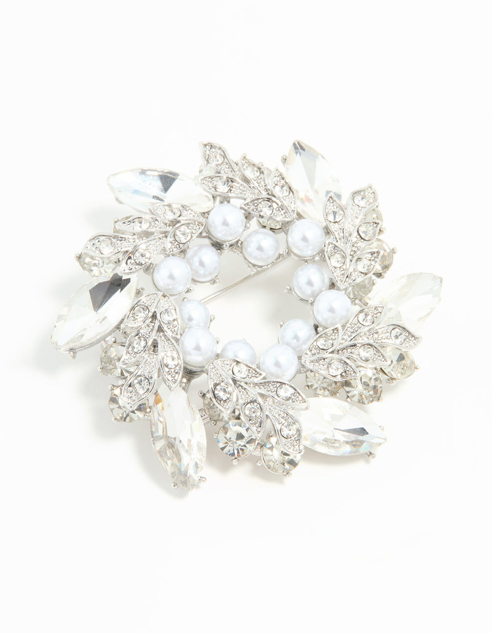 Silver Diamante Pearl Wreath Brooch