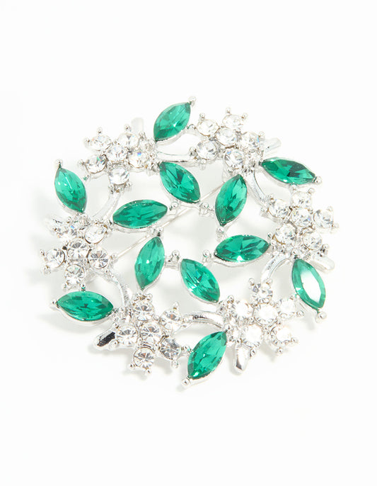 Silver Green Diamante Floral Circle Brooch