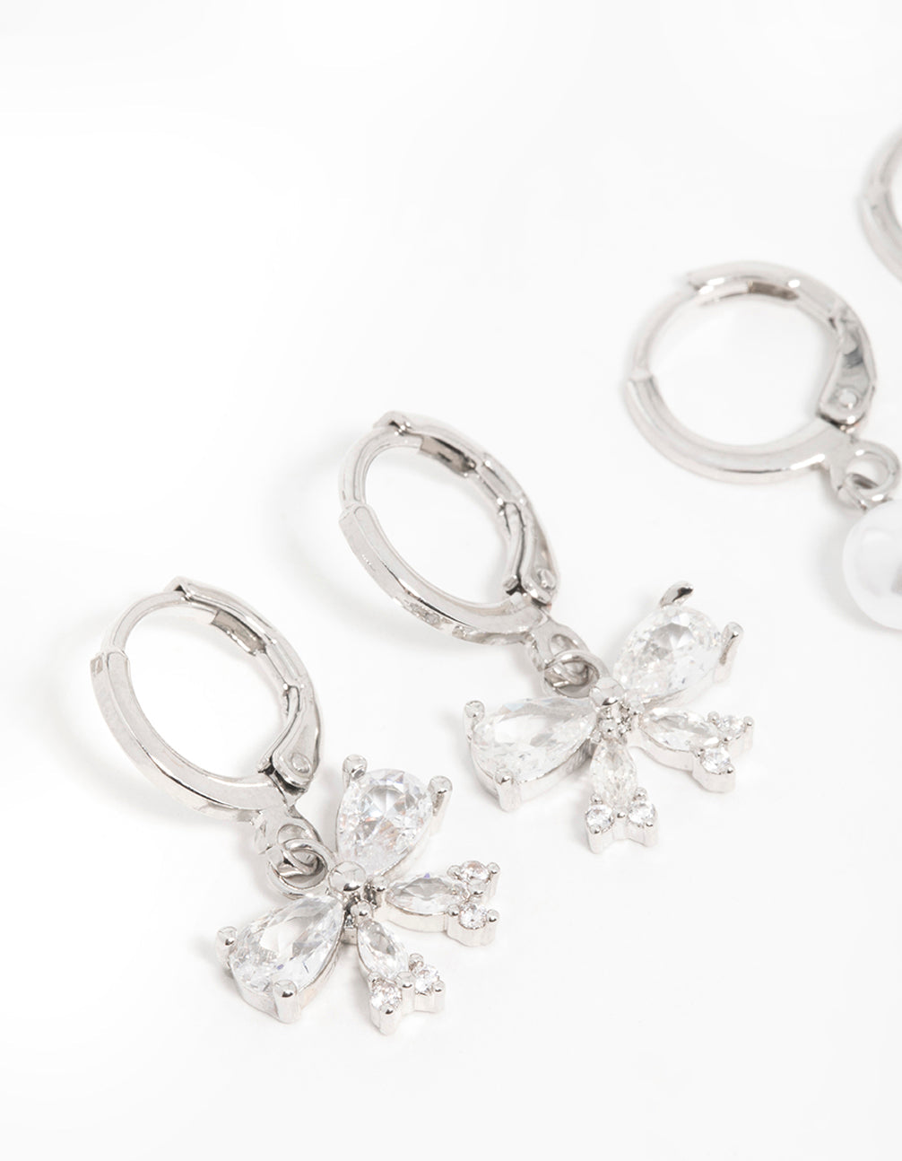Silver Cubic Zirconia Pearl Bow Huggie Earrings 3-Pack