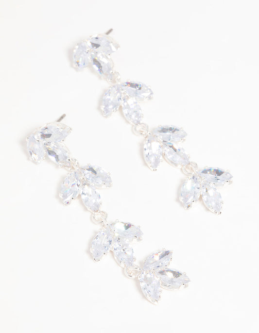 Silver Cubic Zirconia Flower Layered Drop Earrings