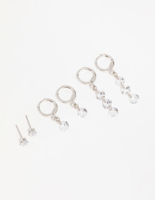 Silver Cubic Zirconia Stud & Huggie Earrings 3-Pack