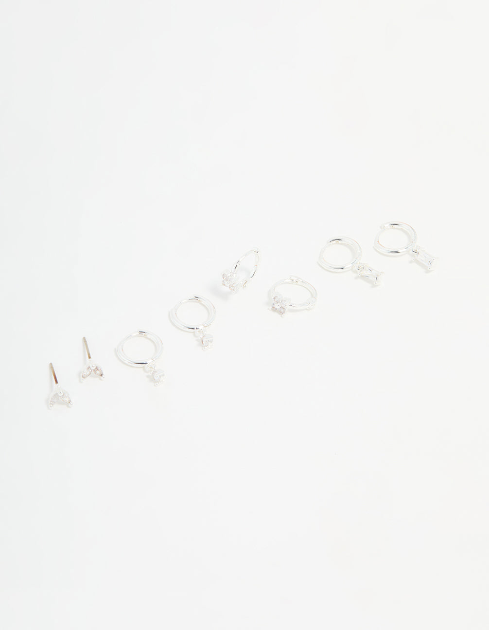 Silver Plated Brass Diamante Baguette Flower Hoop & Stud Earrings 4-Pack