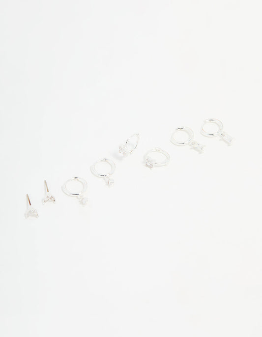 Silver Plated Brass Diamante Baguette Flower Hoop & Stud Earrings 4-Pack