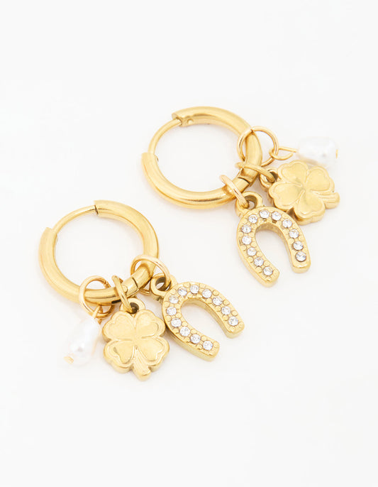 Waterproof Gold Plated Stainless Steel Diamante Horseshoe Hoop Earrings