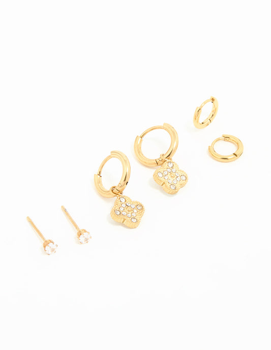 Waterproof Gold Plated Stainless Steel Cubic Zirconia Flower Hoop Earrings 3-Pack
