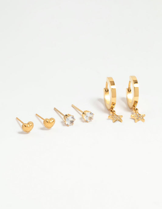 Waterproof Gold Plated Stainless Steel Diamante Star & Heart Stud Earrings 3-Pack