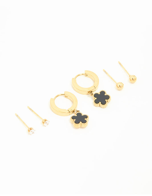 Waterproof Gold Plated Stainless Steel Flower & Star Earrings 3-Pack