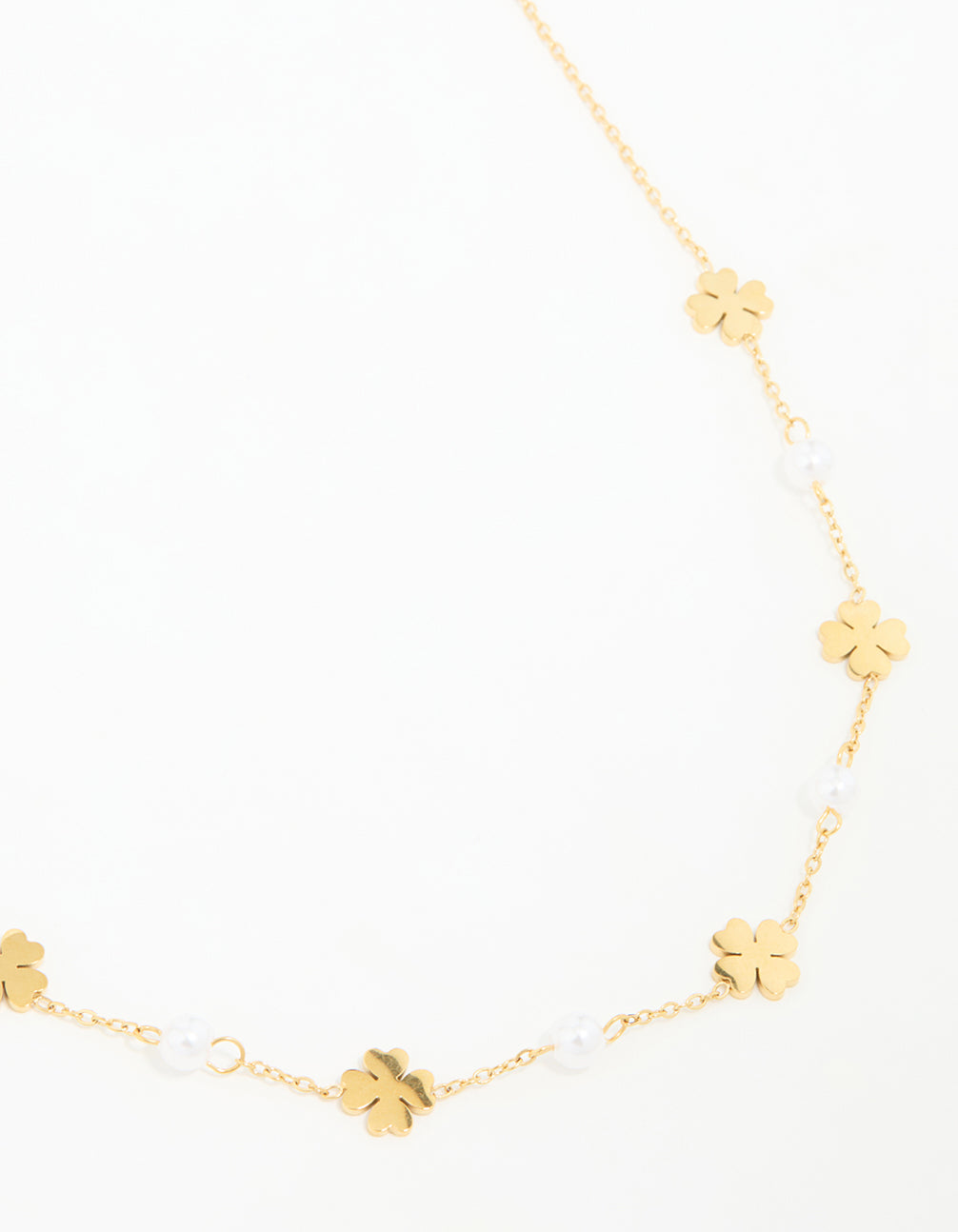 Waterproof Gold Plated Stainless Steel Pearl & Clover Pendant Necklace