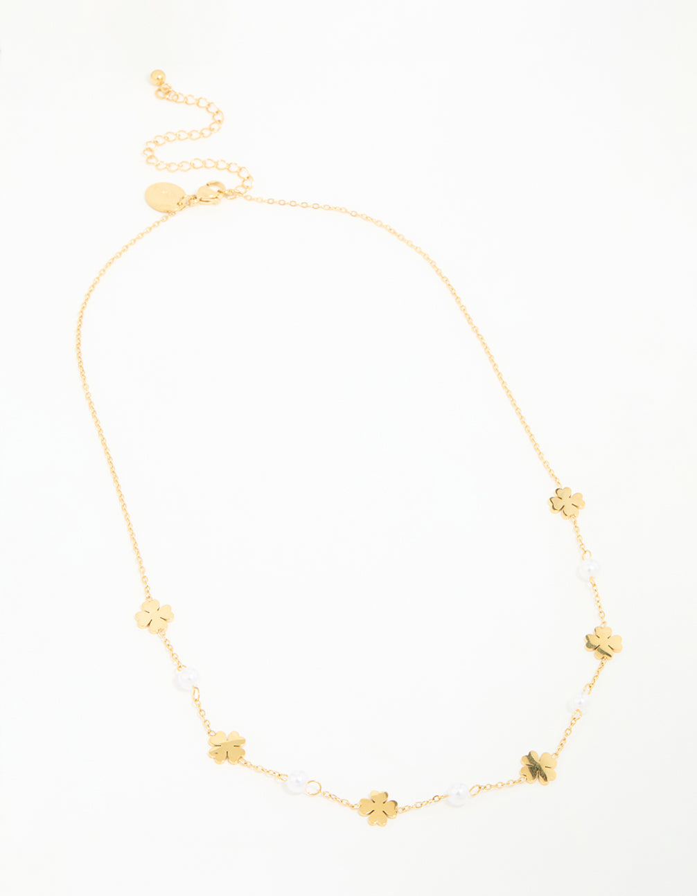 Waterproof Gold Plated Stainless Steel Pearl & Clover Pendant Necklace