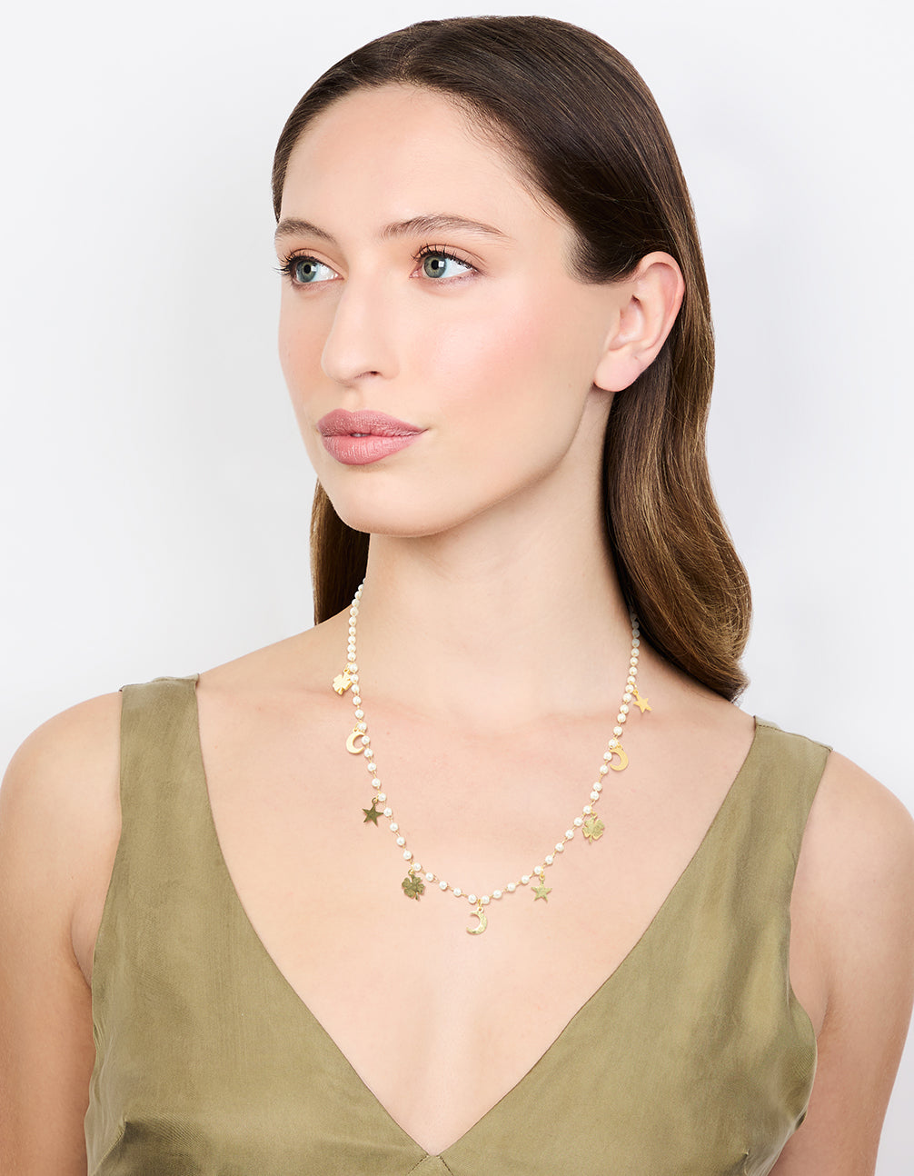 Waterproof Gold Plated Stainless Steel Clover Star & Moon Charm Necklace