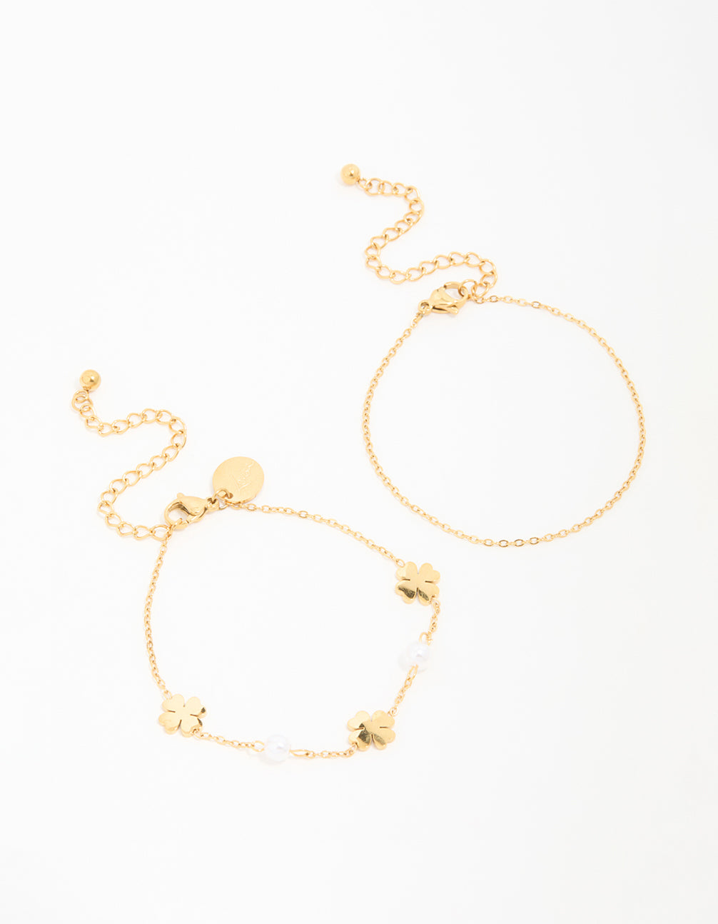 Waterproof Gold Plated Stainless Steel Clover & Pearl Bracelets 2-Pack