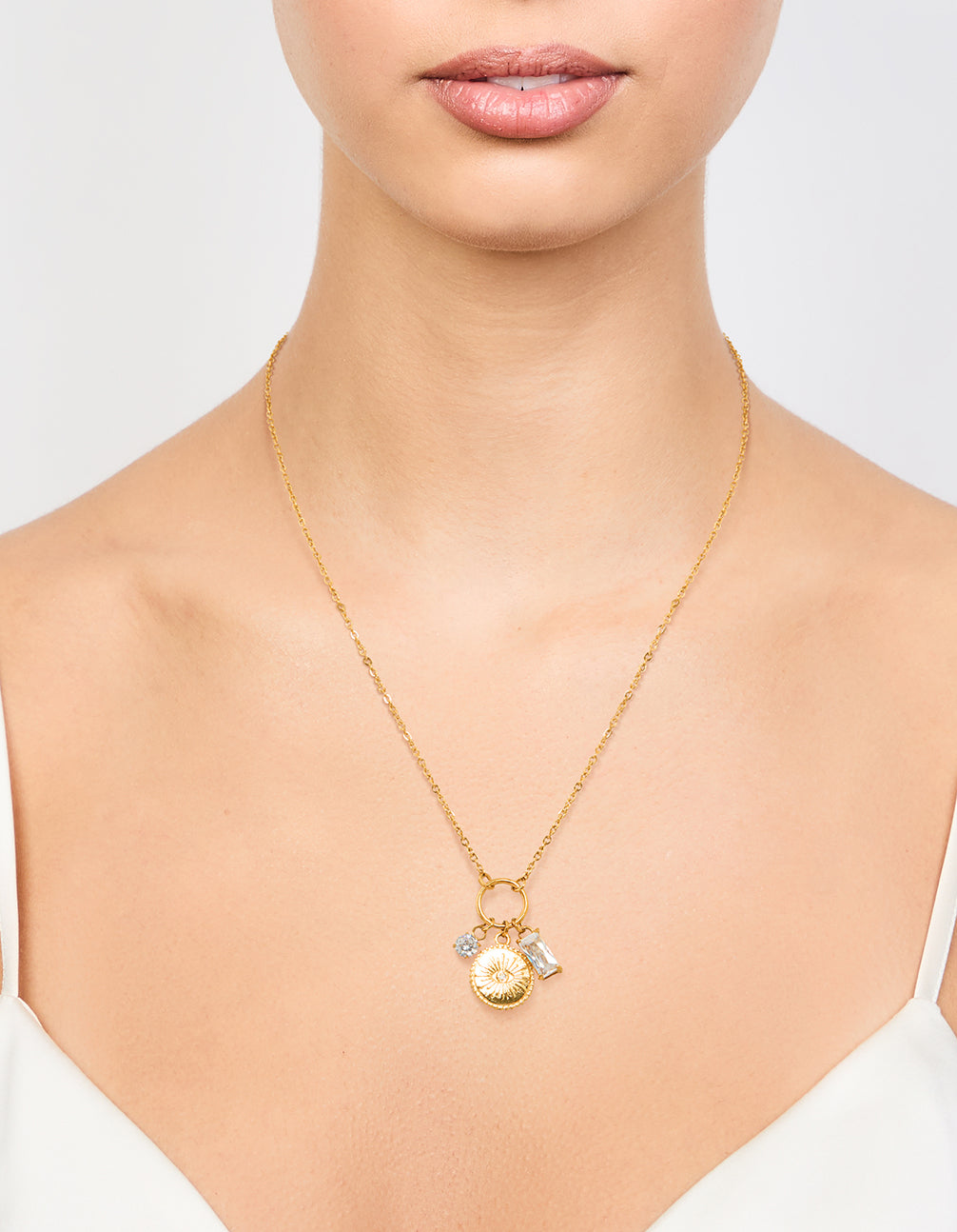 Waterproof Gold Plated Stainless Steel Cubic Zirconia Evil Eye Pendant Necklace