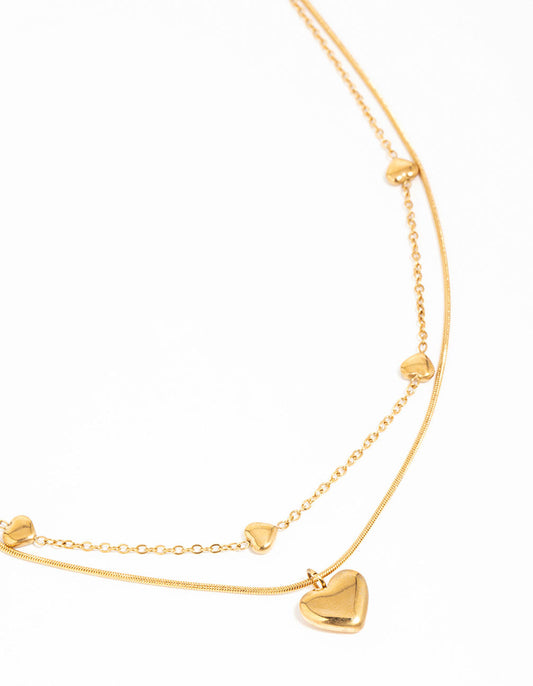 Waterproof Gold Plated Stainless Steel Heart Pendant Layered Necklace