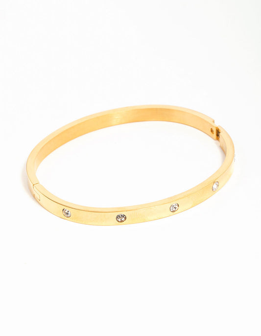 Waterproof Gold Plated Stainless Steel Diamante Hinged Bangle
