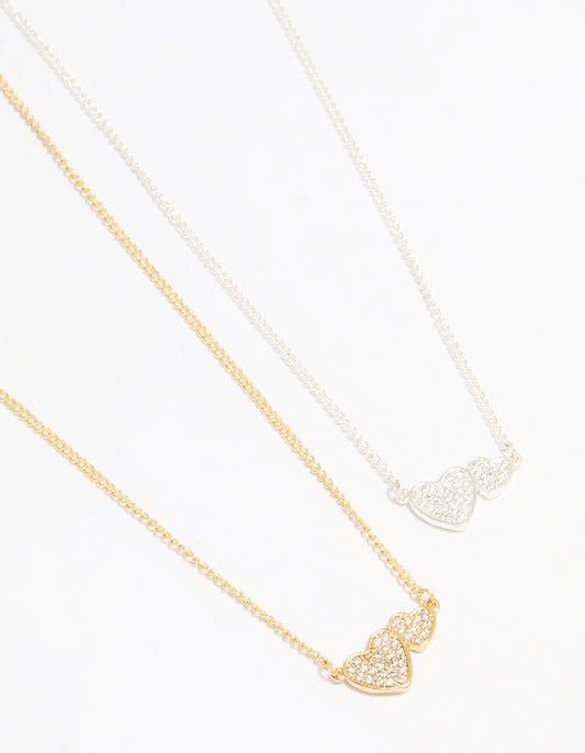 Mixed Metal Cubic Zirconia Heart Link Necklaces 2-Pack