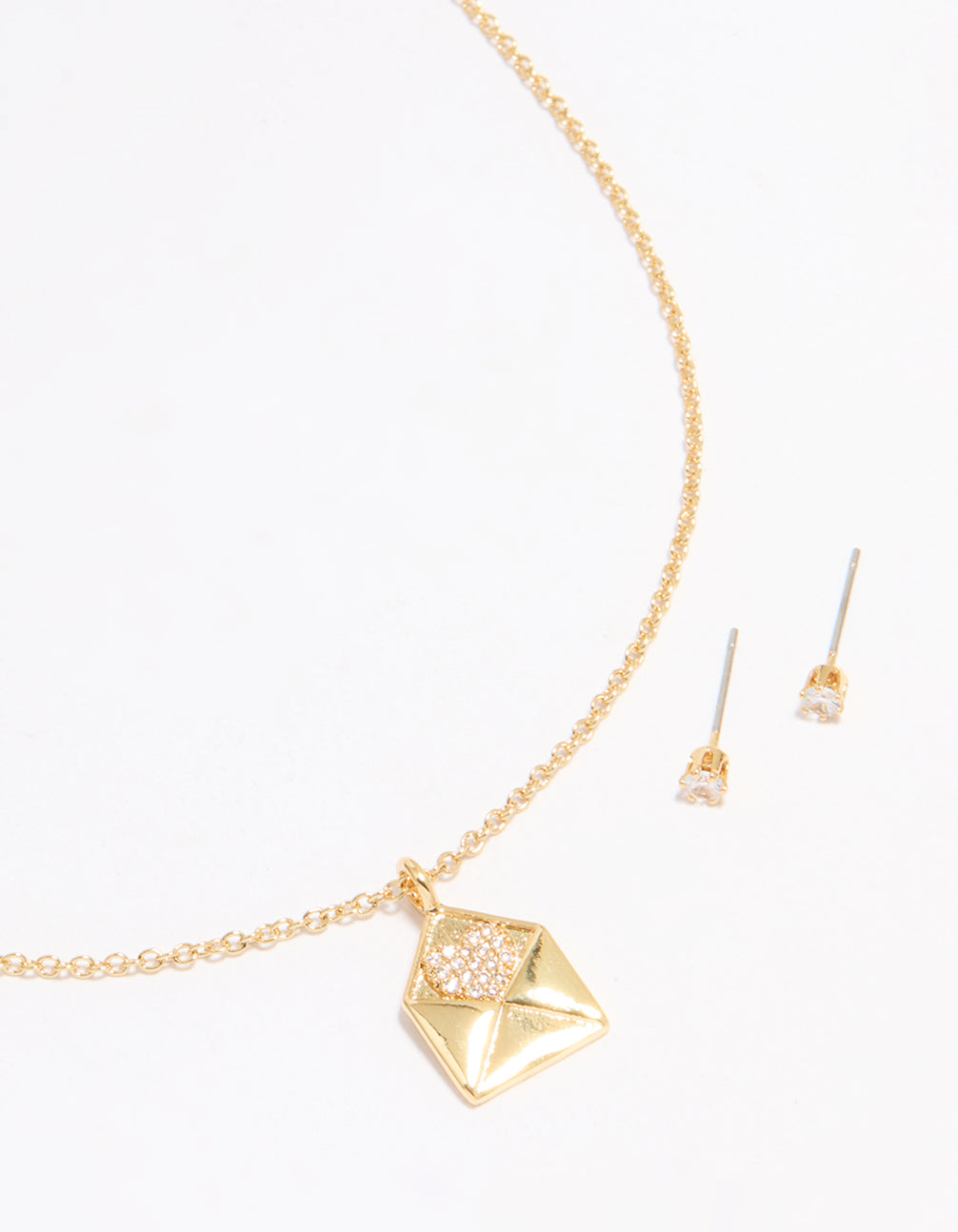 Gold Plated Cubic Zirconia Envelope Necklace & Stud Earrings Set