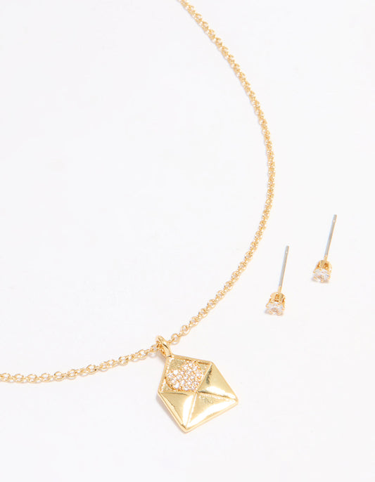 Gold Plated Cubic Zirconia Envelope Necklace & Stud Earrings Set
