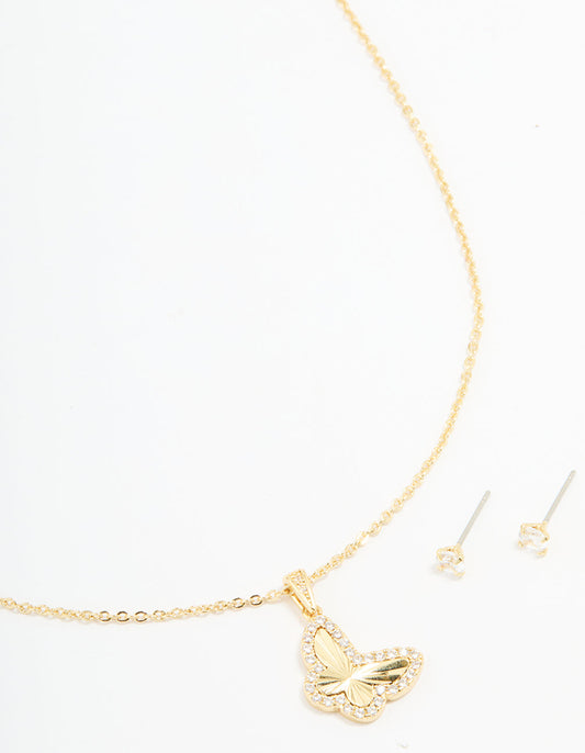 Gold Plated Cubic Zirconia Butterfly Necklace & Stud Earrings Set
