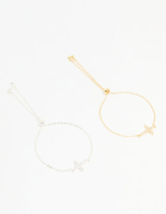 Mixed Metal Cubic Zirconia Cross Toggle Bracelets 2-Pack
