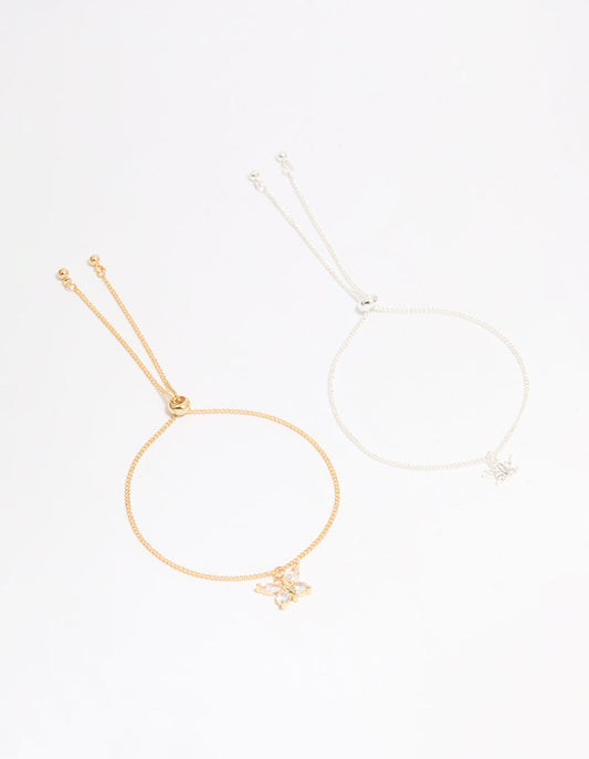 Mixed Metal Cubic Zirconia Butterfly Link Toggle Bracelets 2-Pack