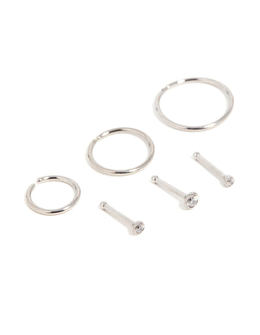 Titanium Cubic Zirconia Classic Nose Studs &  Rings 6-Pack