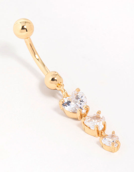 Gold Plated Surgical Steel Cubic Zirconia Triple Heart Belly Bar