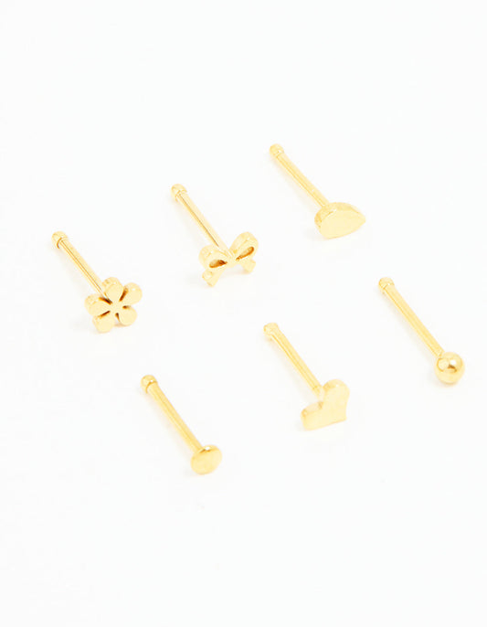 Gold Plated Surgical Steel Heart, Bow & Flower Nose Stud 6-Pack