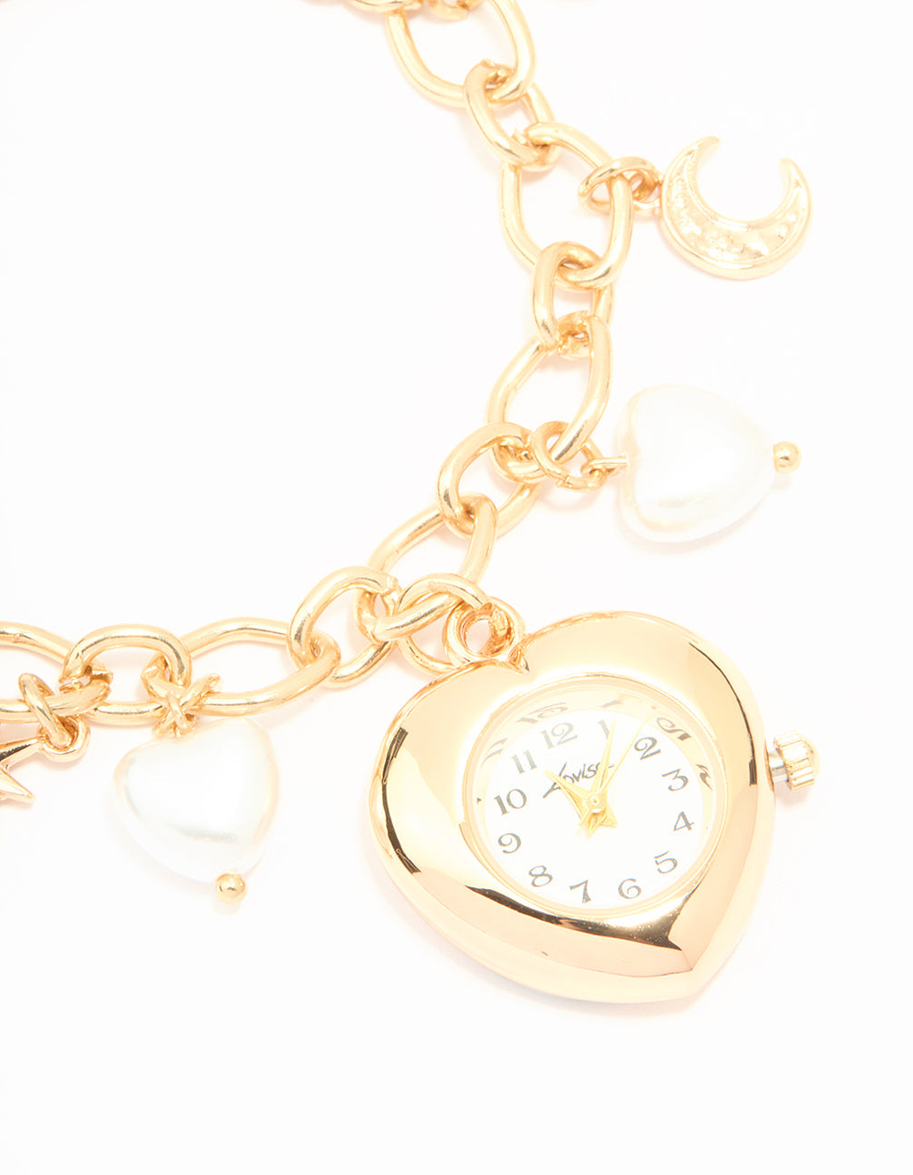 Gold Pearl Heart Charm Watch Bracelet