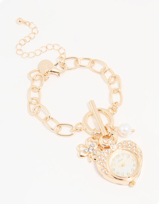 Gold Diamante & Pearl Watch Clover Charm Bracelet