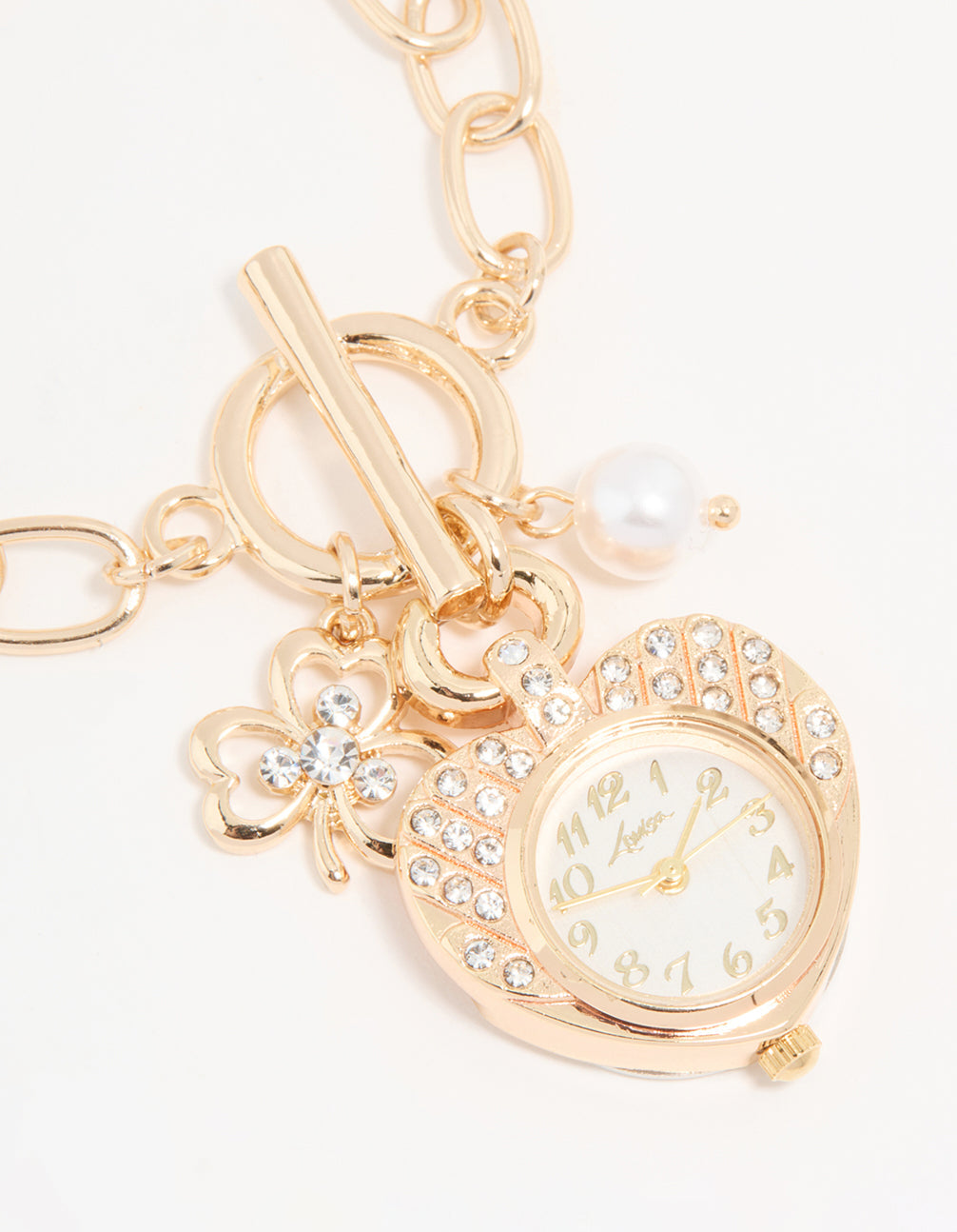 Gold Diamante & Pearl Watch Clover Charm Bracelet