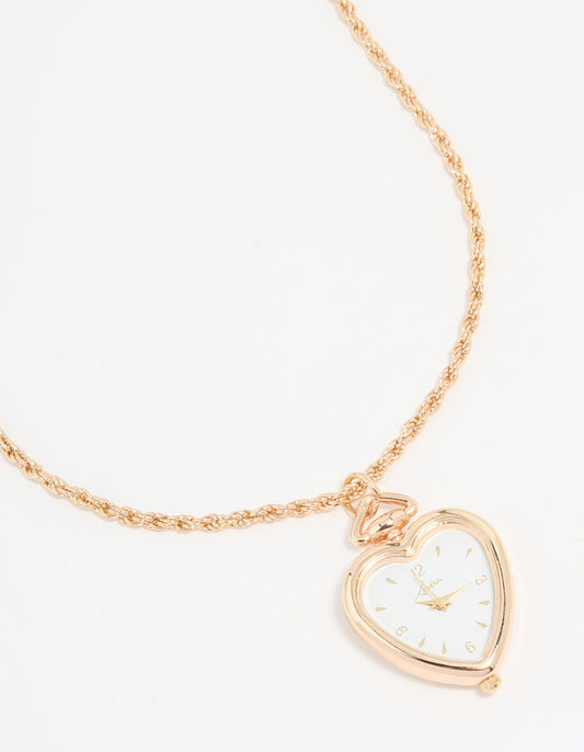 Gold Heart Pocket Watch Necklace