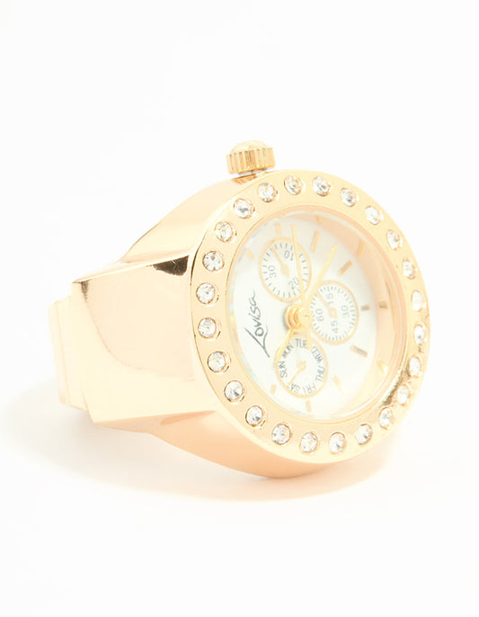 Gold Diamante Chronograph Watch Ring