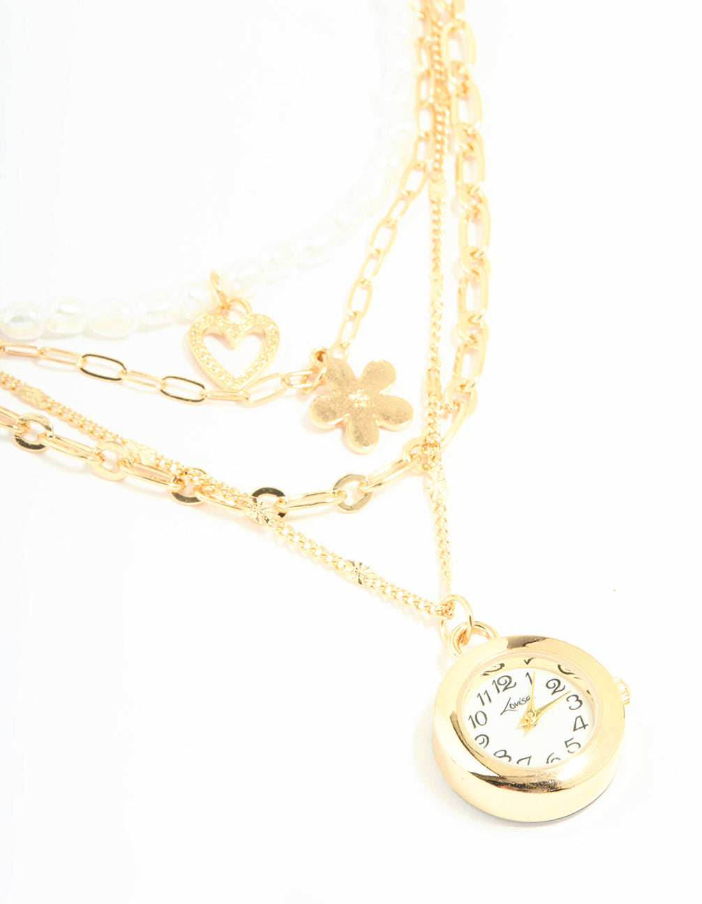 Gold Pearl Watch & Flower Layered Necklace