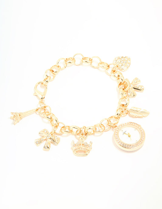 Gold Diamante Watch & Feather Charm Bracelet
