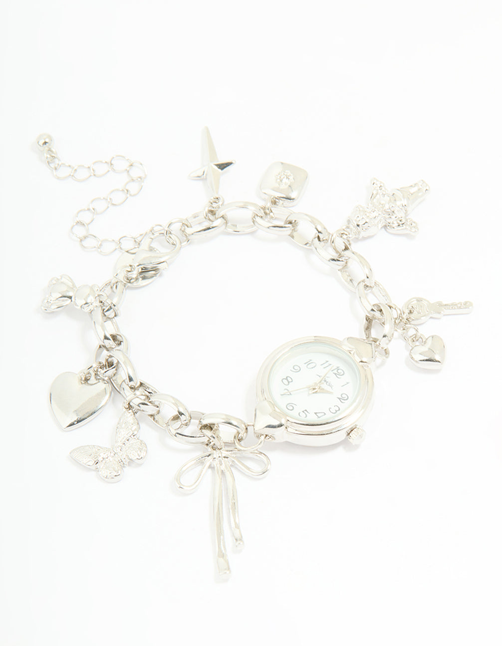 Silver Watch & Bow Charm Bracelet